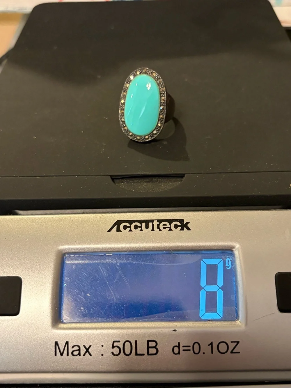 Vintage art deco revival sterling silver oval turquoise cabochon marcasite ring